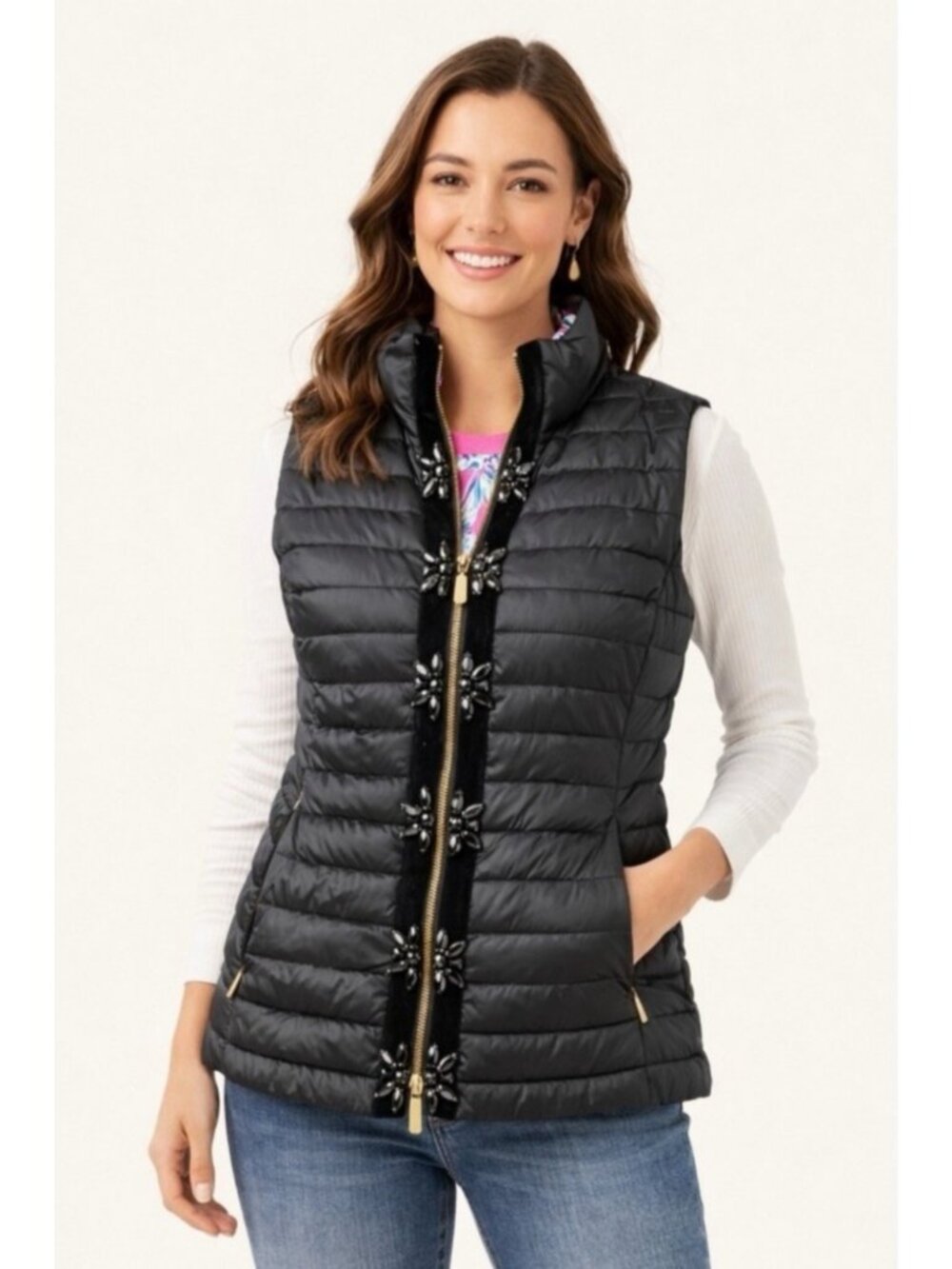 Lilly Pulitzer Women's NOELLA Quilted Satin Puffer Vest in Onyx Black